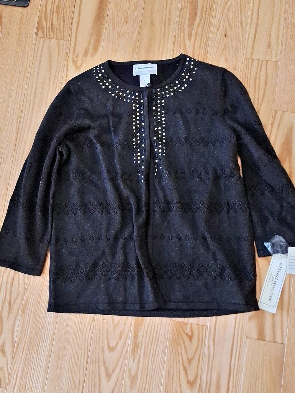 Alfred Dunner Embellished Long Sleeve Blouse in Black Size Medium